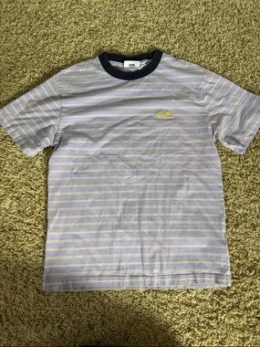 Butter Women’s Lavender yellow & white Striped T-Shirt with Navy Trim size small
